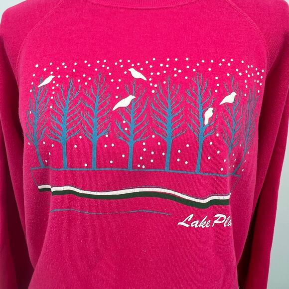 Vintage Hanes Pink Sweatshirt Lake Placid Winter Snow Tree Bird‎ Large - Picture 1 of 5
